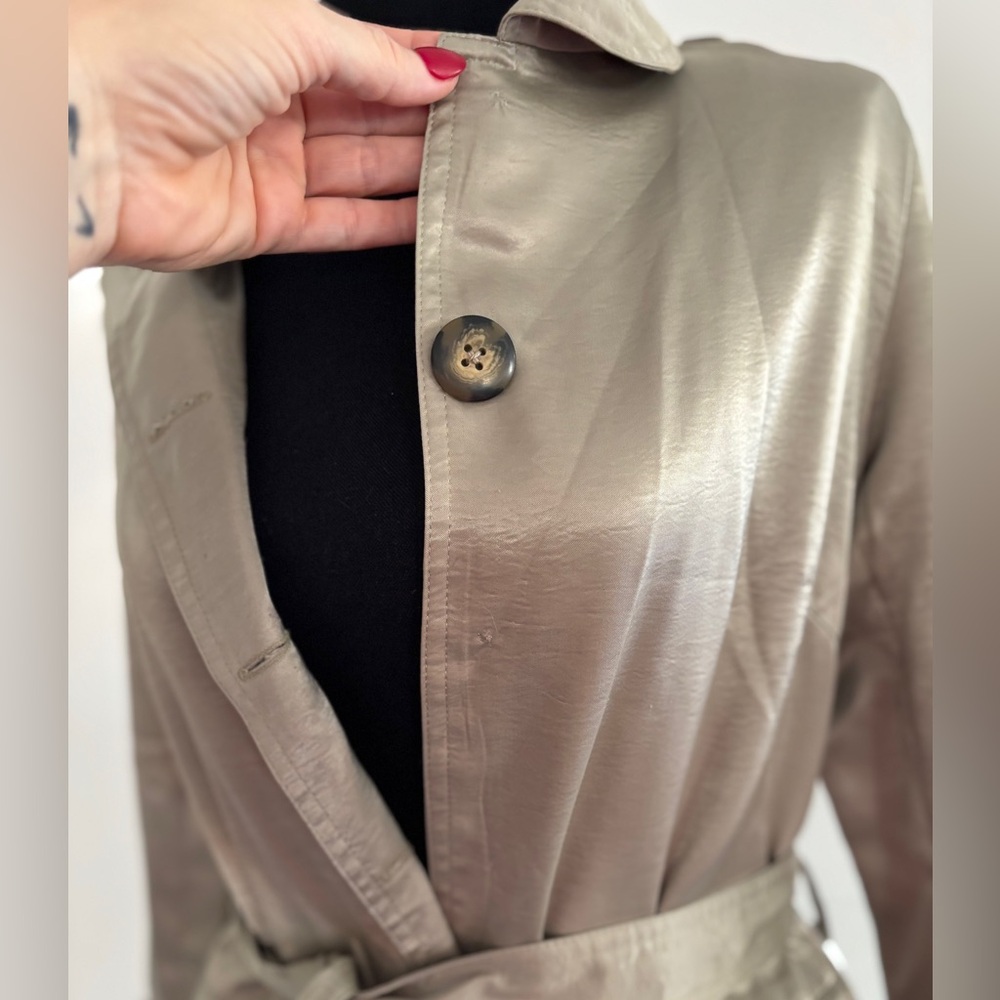 Vintage Italian made Silky Shiny Cotton Trench Coat w Belt light Stone US SZ 2 - Picture 7 of 7